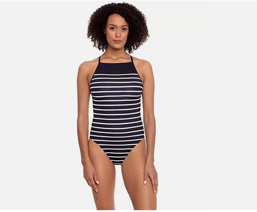 Lauren Ralph Lauren Black Stripe High Halter Neck One Piece Size 8